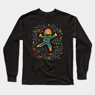 Colorful Ninja Chalk Drawing: Vibrant Yellow, Blue, Orange & Pink Colors Long Sleeve T-Shirt